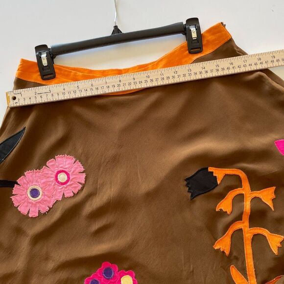 Vtg Y2K Anthropologie Lapis 100% Silk Floral Appliqué Brown Pink Skirt Sz Large - Picture 5 of 10